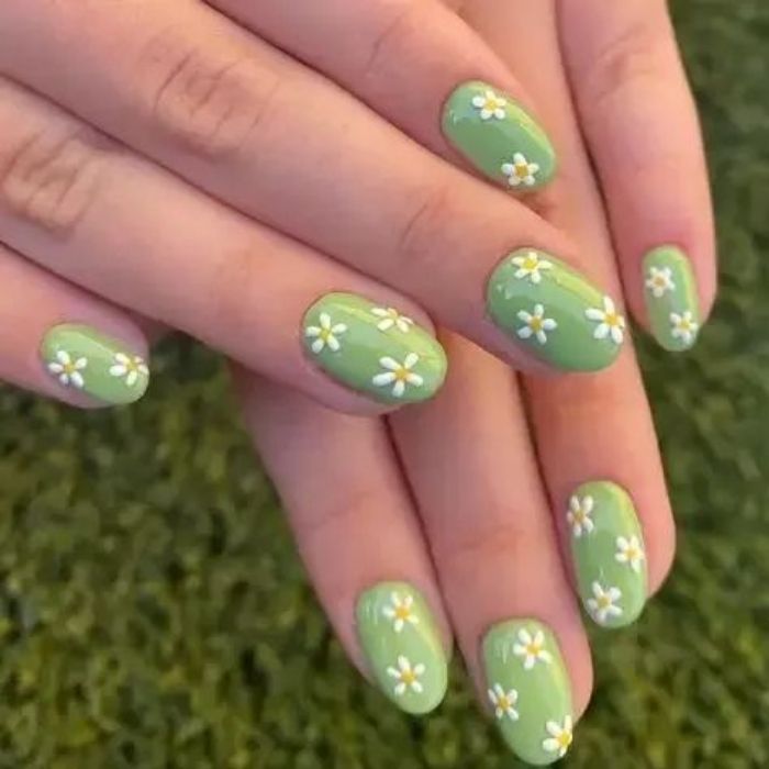 mẫu nail hoa cúc xanh lá
