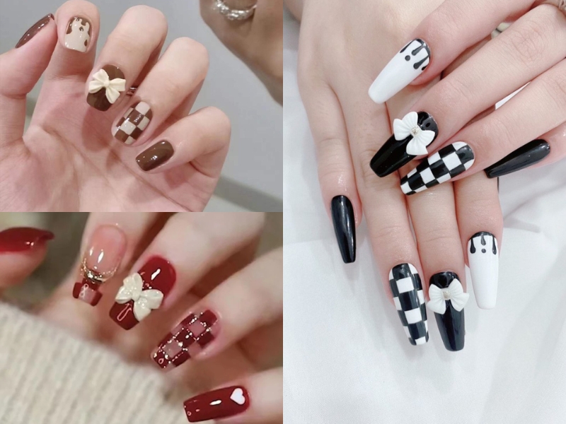 Nail nơ kẻ sọc chấm bi