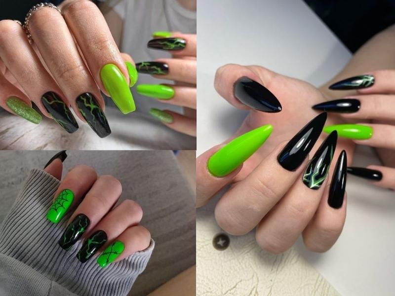 Neon kết hợp với sắc đen tạo nên mẫu nail ngầu