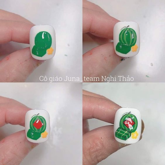 Kết hợp với các chi tiết khác cùng mẫu nail bánh chưng